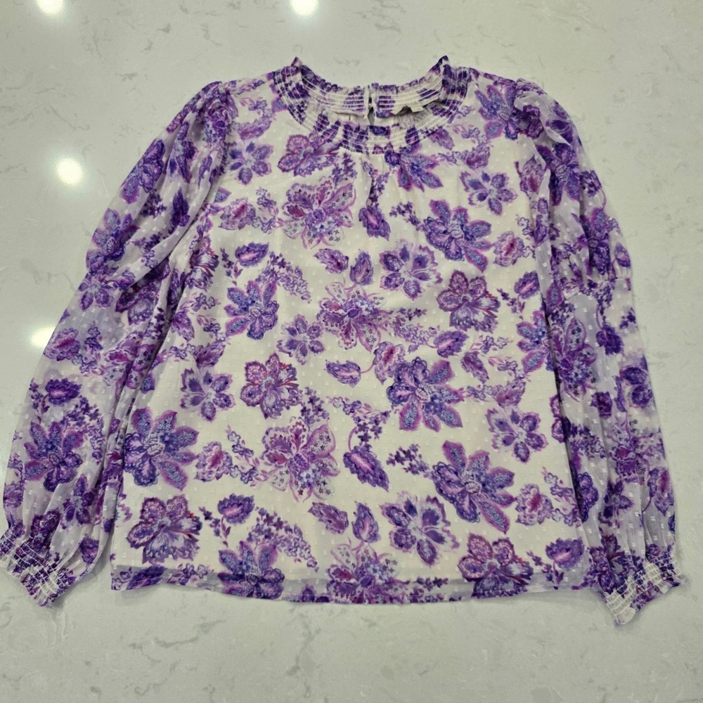 LOFT Purple Floral Clip Dot Blouse Smocked Neck Long Sleeve Top Large
